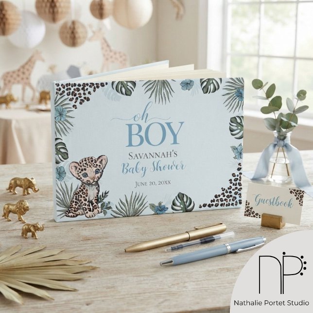 Livro De Visitas Chuva de Bebê Leopardo Azul Bebê (hand-drawn baby boy leopard, jungle leaves, blue florals, & leopard print for a safari boy keepsake)