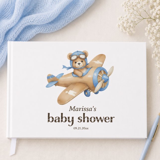 Livro De Visitas Chuva de Bebê Menino Urso de Pelúcia Piloto (cute whimsical teddy bear pilot baby boy shower personalized guest book)