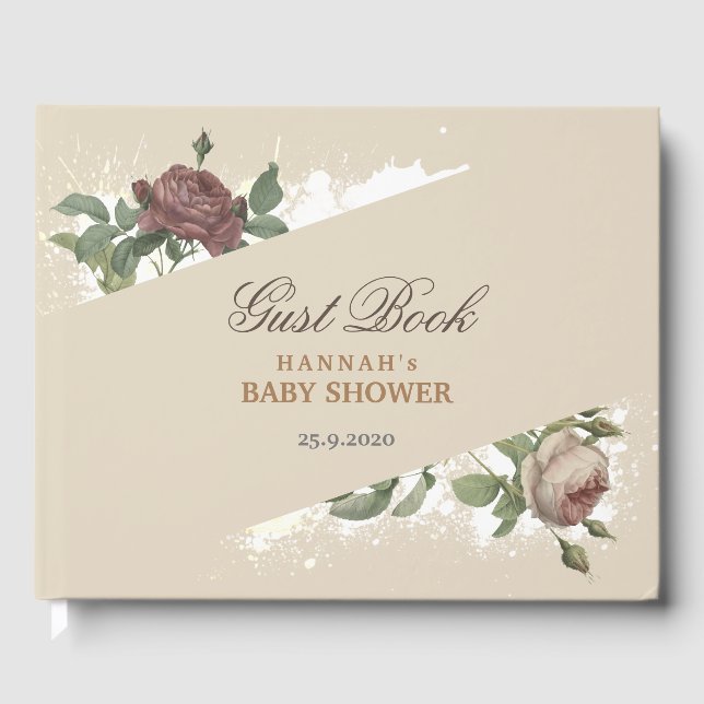 Livro De Visitas Chuva de Bebê Moderna Floral Rústica Burgundy Mars (Frente)