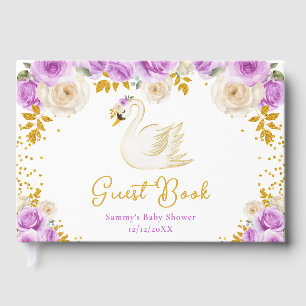 Livro De Visitas Chuva de Bebê Roxo e Dourado de Rosas