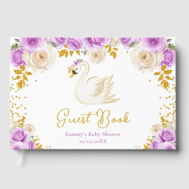 Livro De Visitas Chuva de Bebê Roxo e Dourado de Rosas (Frente)