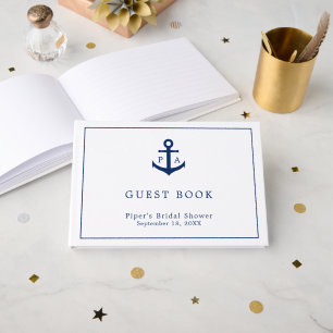 Livro De Visitas Chuva de Noiva Monograma Âncora Azul Naval Náutico