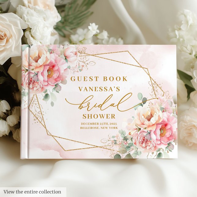 Livro De Visitas Chuva de Noiva Rosa Bege Glamour com Brilho Dourad (Glam Blush Pink Roses Gold Glitter Bridal Shower Guest Book)