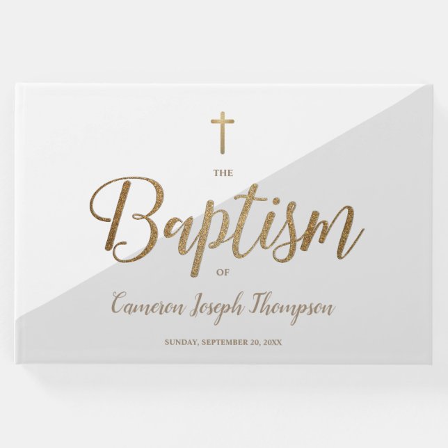 Livro De Visitas Cinza Elegante de ouro cruzado Bebê Batismo (Frente)
