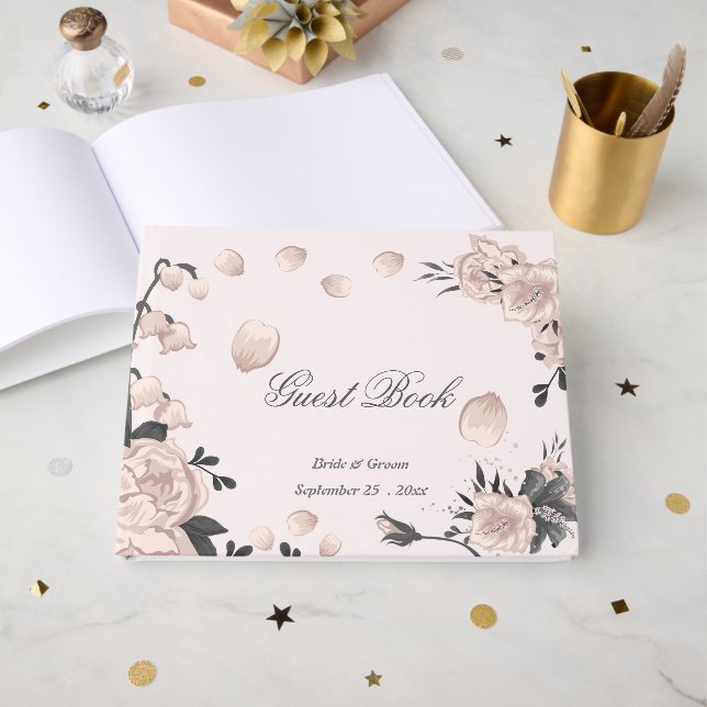 Livro De Visitas cinzas cor-de-rosa poeirento e pétalas bonitas (Frente aberta)