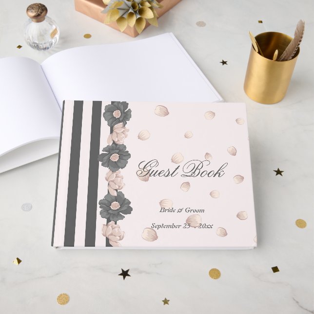 Livro De Visitas cinzas cor-de-rosa poeirento e pétalas bonitas (Frente aberta)