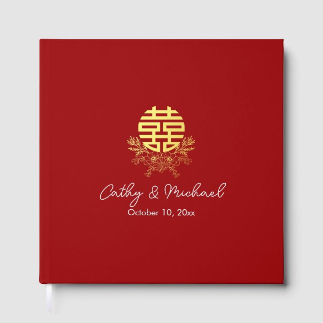 Livro De Visitas Círculo dupla felicidade flor casamento chinês (Frente)