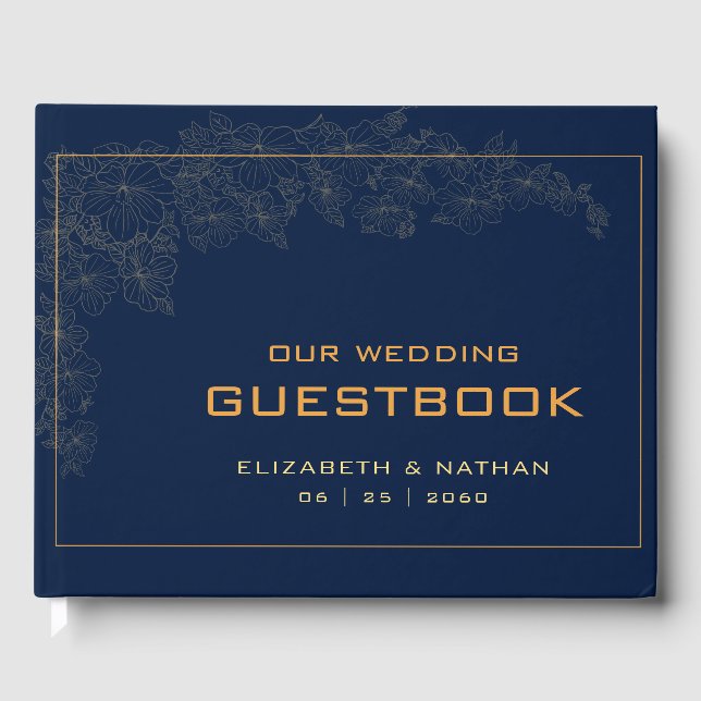 Livro De Visitas Citação de casamento azul naval dourado retrô mode (Frente)