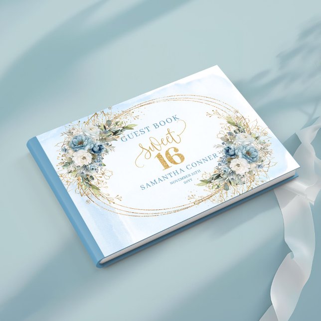 Livro De Visitas Classic Dusty Blue Floral Sweet 16th Guest Sign  (Classic Dusty Blue Floral Sweet 16th Guest Sign Book)