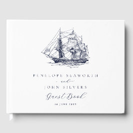 Livro De Visitas Clássico Casamento Ilustração Navio Náutico Branco