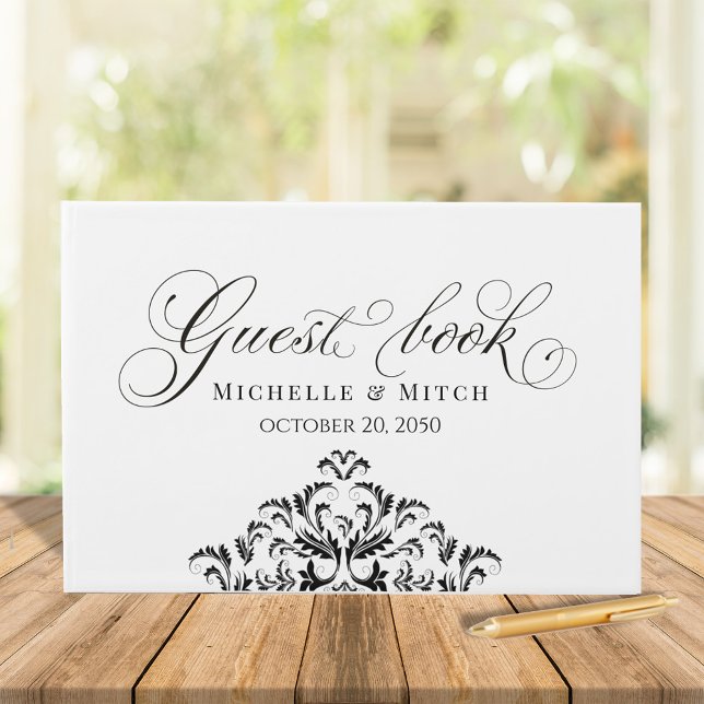 Livro De Visitas Clássico de Caligrafia de Casamento Negro e Branco (Wedding guest book calligraphy script simple black and white)