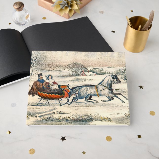 Livro De Visitas Clássico Passeio de Trenó de 1853 Currier Ives Est (Frente aberta)