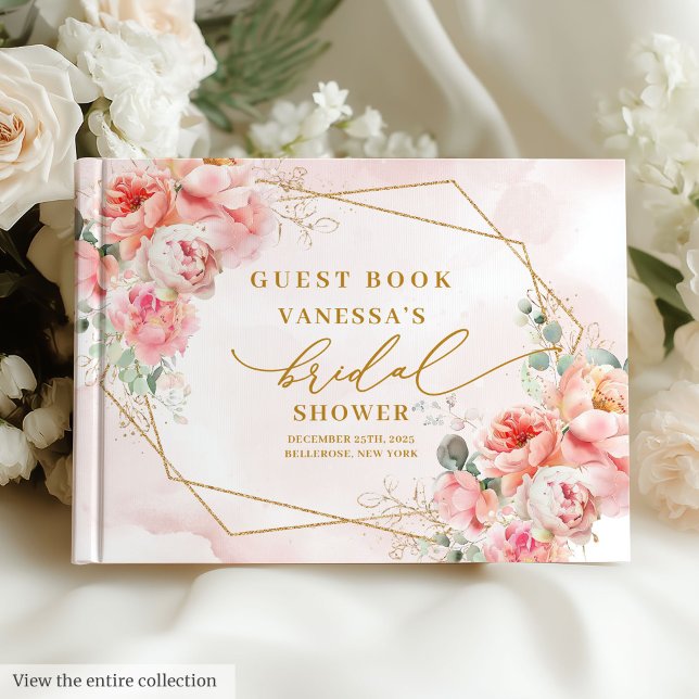 Livro De Visitas Clássico Quadro Dourado de Rosas Vermelhas Boho Ch (Classic Blush Gold Frame Roses Bridal Shower Guest Book)