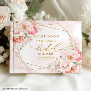 Livro De Visitas Clássico Quadro Rosa Bege Boho Dourado Chá de Noiv