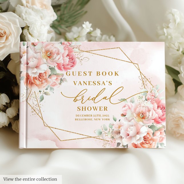 Livro De Visitas Clássico Quadro Rosa Dourado Boho Chuveiro de Noiv (Classic Boho Blush Pink Gold Frame Bridal Shower Guest Book)
