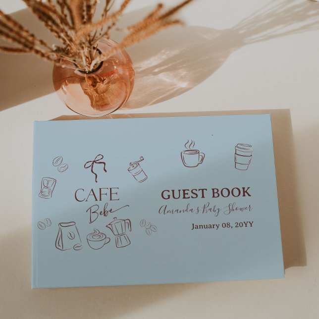 Livro De Visitas Coffee Theme Blue Bow Cafe Bebe Boy Baby Shower (Criador carregado)