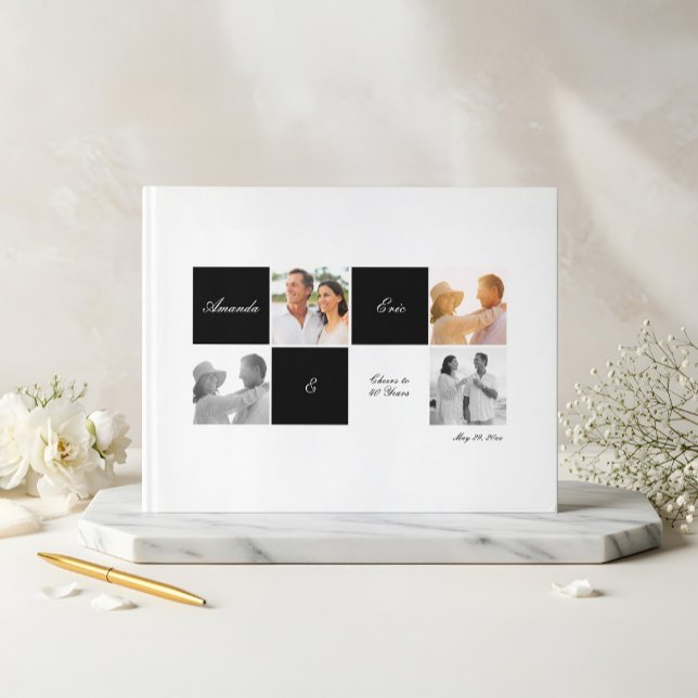 Livro De Visitas Colagem de Fotografias da Grade de Aniversário de  (Wedding Anniversary Grid Photo Collage Black Guest Book)