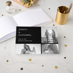 Livro De Visitas Colagem de Fotos de Casamento Preto Moderno Três