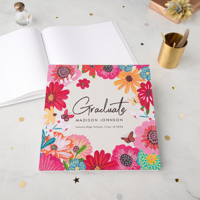 Livro De Visitas Colorful Floral Graduation Party  (Frente aberta)