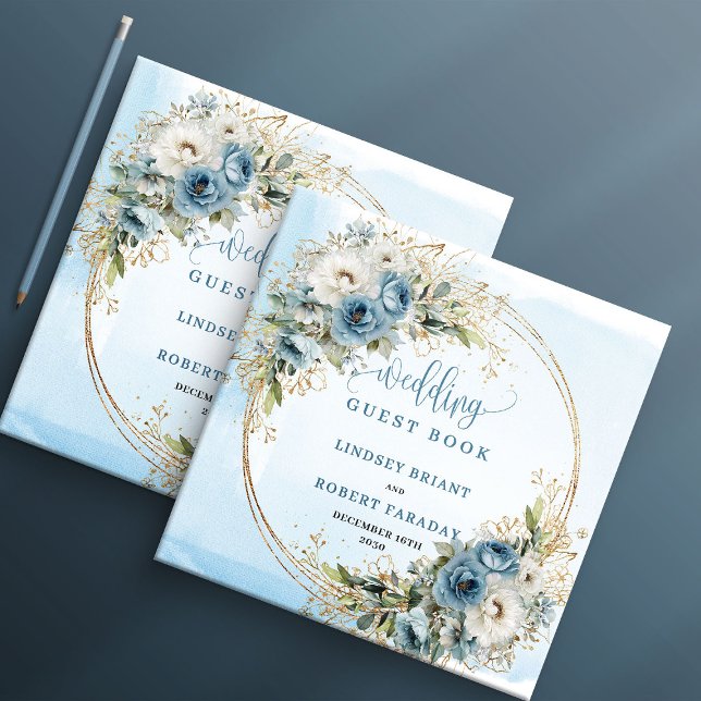 Livro de Visitas com Glitter Dourado e Flora Verde (Light Blue Floral Greenery Gold Glitter Guest Book

)