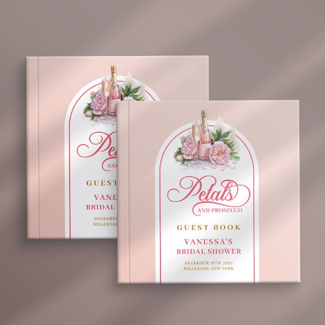 Livro de visitas com pétalas radiantes e prosecco  (Radiant petals and prosecco blush gold guest book)