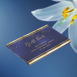 Livro De Visitas confete de ouro azul-escuro com Festa de aniversár