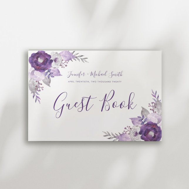 Livro De Visitas Convidado de Casamento Floral de Púrpura e Silver  (Purple and Silver Watercolor Floral Wedding Guest Guest Book)