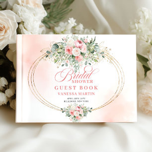 Livro De Visitas Convidado de Luxo Boho Rosa Floral Dourado Chá de