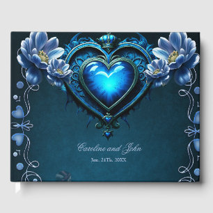 Livro De Visitas Coração gótico azul rodeado por flores mágicas