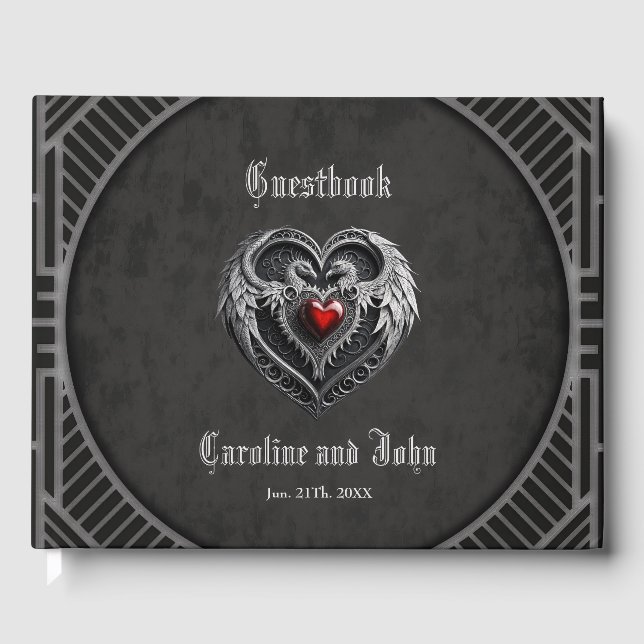 Livro De Visitas Coração prateado com asas. (Frente)