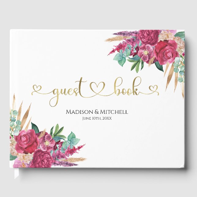 Livro De Visitas Corações Douradas Elegantes Florais Elegantes Mage (Frente)