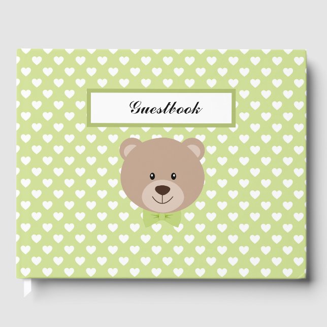 LIVRO DE VISITAS CORAÇÕES VERDES E BRANCAS COM URSO (Frente)