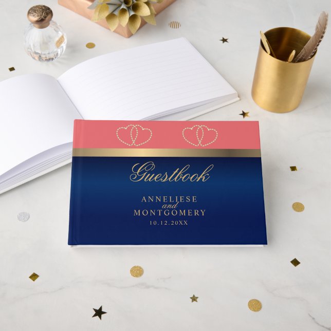 Livro De Visitas Coral e Marinho Azul com Corações Dourados (Frente aberta)