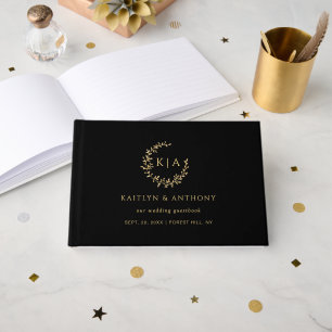 Livro De Visitas Coroa de Monograma Preto e Dourado Elegante Casame