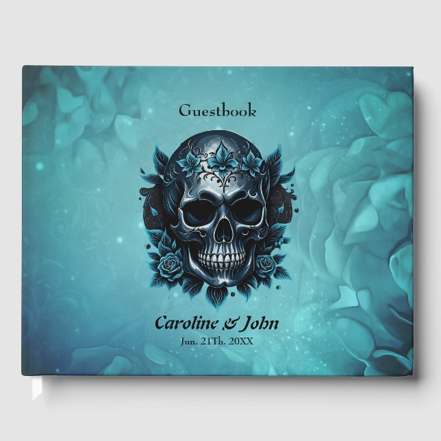 Livro De Visitas Crânio azul escuro com rosas (Frente)