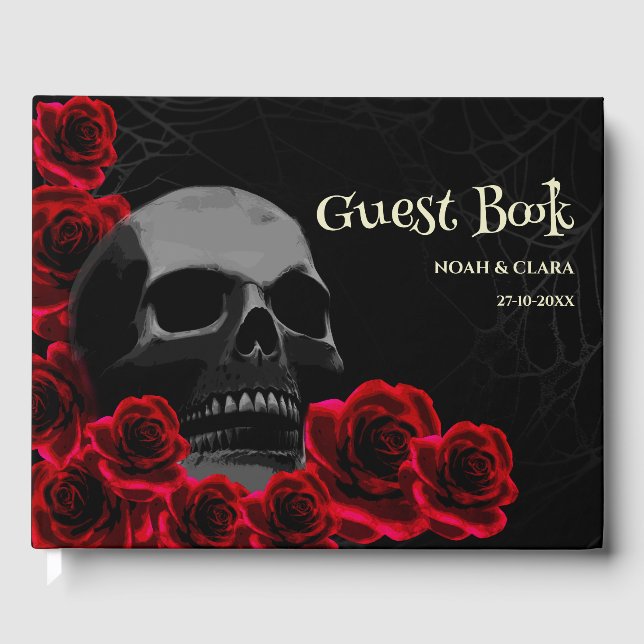 Livro De Visitas Crânio Gótico floral e Rosa vermelha Halloween (Frente)