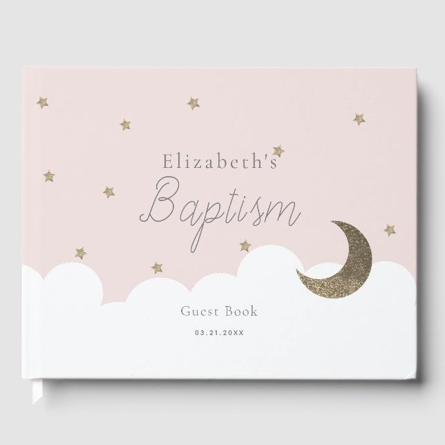 Livro De Visitas Crescent Moon & Stars Pink Girl Baptism Guest Book (Frente)