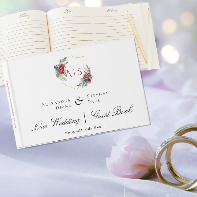 Livro De Visitas Crista Botânica de Aquarela com Monograma de Rosas (Criador carregado)