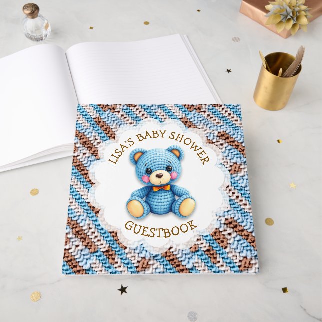 Livro De Visitas Crochet Teddy Bear | Boy's Baby Shower (Frente aberta)