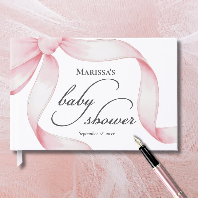 Livro De Visitas Custom Pink Bow Baby Shower (sweet girly coquette pink bow baby girl shower guest book with script calligraphy, custom name date)