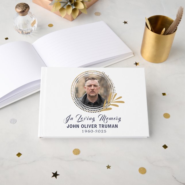 Livro De Visitas Custom Text Photo Memorial Funeral Leaves (Frente aberta)