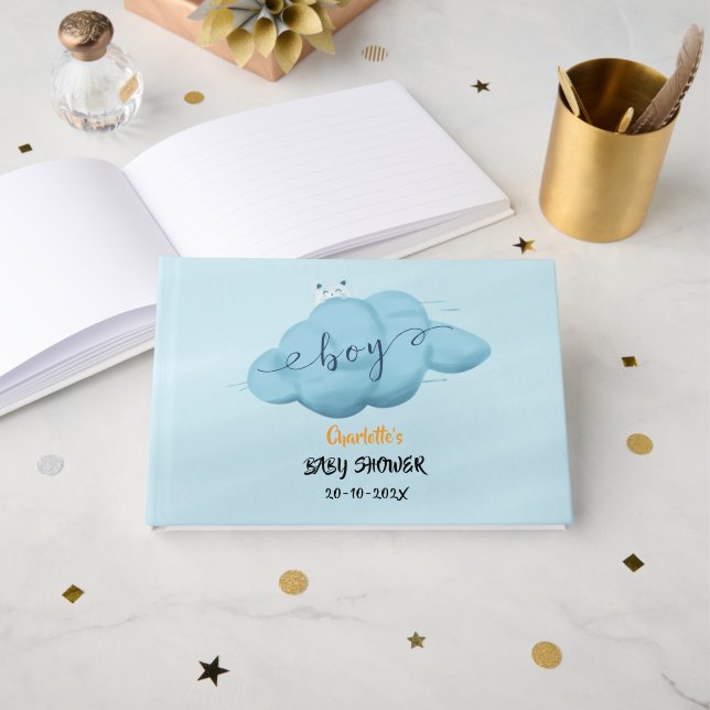 Livro De Visitas Cute Watercolor Cloud Baby Boy Shower (Frente aberta)