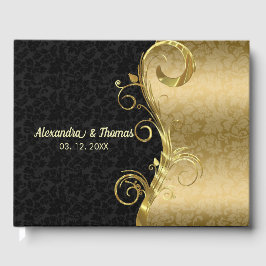 Livro De Visitas Damasco Floral Dourado E Negro