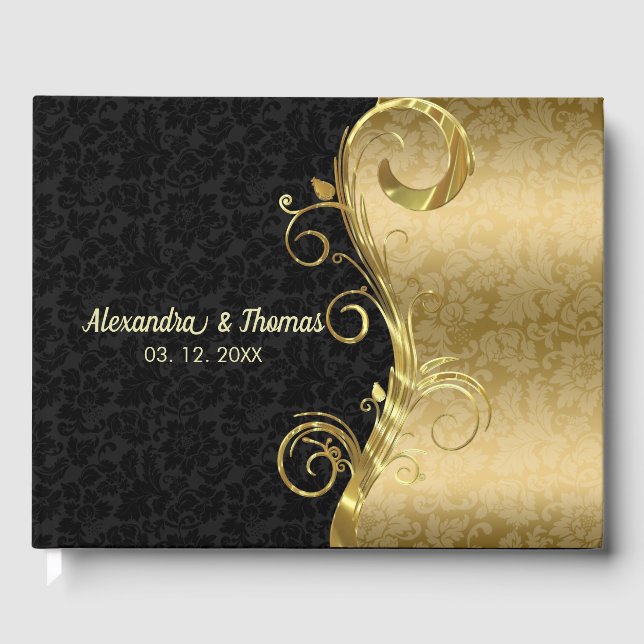Livro De Visitas Damasco Floral Dourado E Negro (Frente)