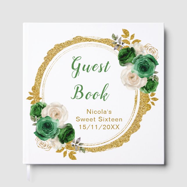Livro De Visitas Dark Green and Gold Elegant Flowers Sweet Sixteen (Frente)