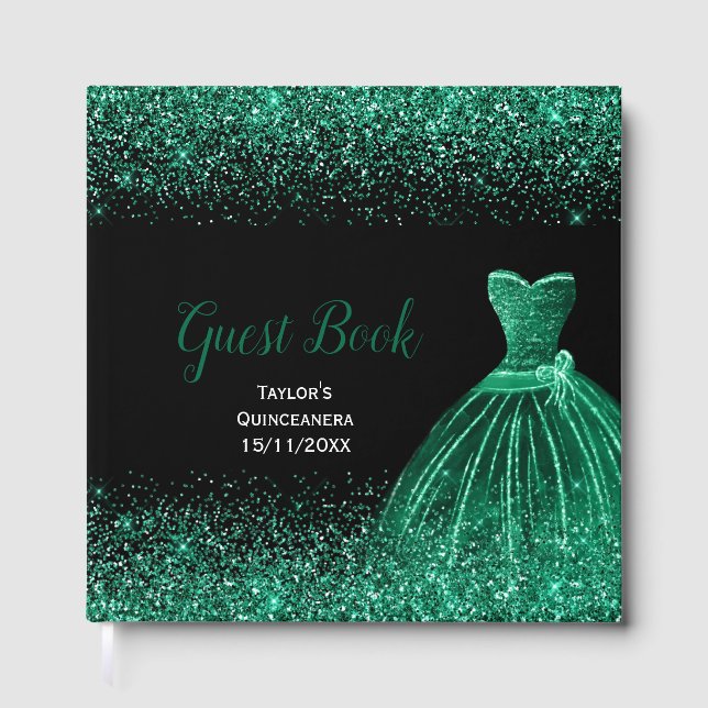 Livro De Visitas Dark Green Dress Faux Glitter Quinceanera (Frente)