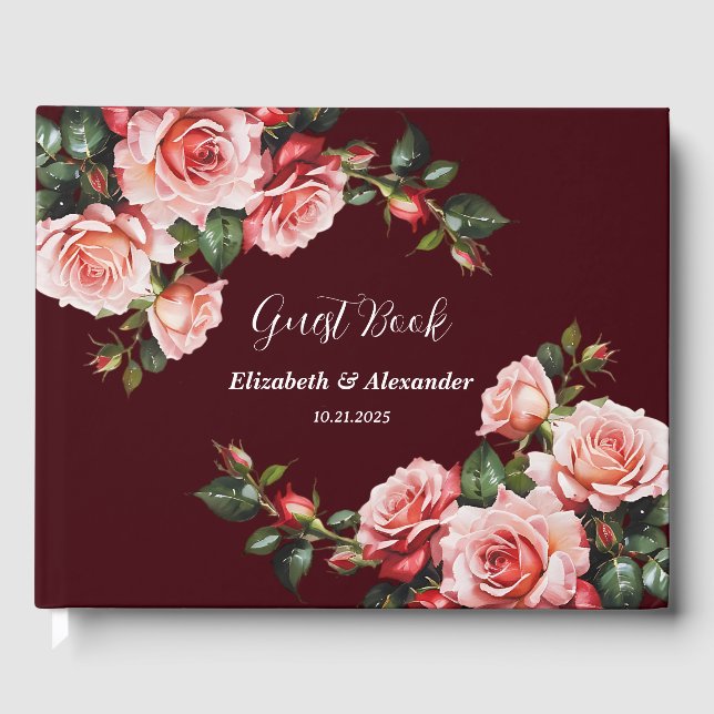 Livro De Visitas Dark moody pink and red roses maroon  wedding (Frente)