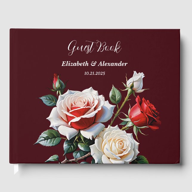 Livro De Visitas Dark Pretty pink white red roses floral wedding  (Frente)