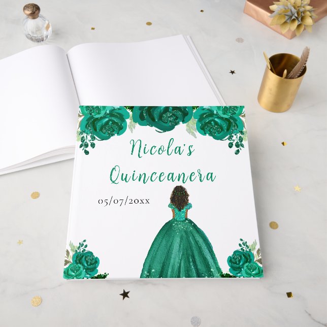 Livro De Visitas Dark Skin Princess Green Quinceanera Guest Book (Frente aberta)