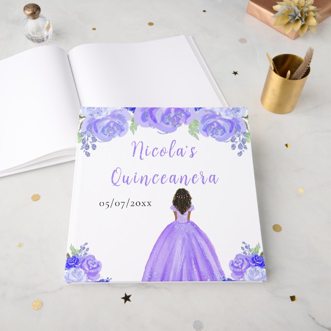 Livro De Visitas Dark Skin Princess Purple Quinceanera Guest Book (Frente aberta)